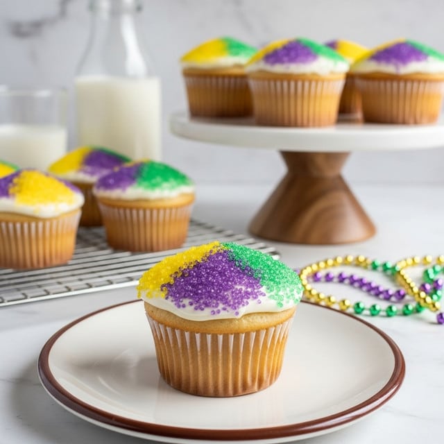 A vanilla cupcake sits on a white plate with a brown edge in the foreground. The cupcake has a textured wrapper at the bottom and is topped with smooth white frosting covered with granulated sugar in three parts: yellow on the top left, purple on the top right, and green on the bottom right, forming a colorful pattern. Behind it, more cupcakes with similar sugar patterns and plain white frosting rest on a white cake stand with a wooden base and a metal cooling rack, with a blurred glass bottle and glass of milk in the white marbled background. Photo taken with an iphone --ar 4:5 --v 7