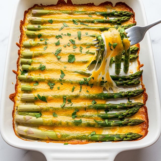 A white rectangular baking dish holds a baked asparagus dish with one layer of bright green asparagus spears neatly aligned. The top is covered with melted, golden-yellow cheese that is bubbly and slightly browned in spots, stretching as a fork lifts several asparagus spears. Small pieces of chopped green herbs are sprinkled all over the cheese, adding fresh green color. The edges of the cheese show some light browning, and the dish sits on a white marbled surface. Photo taken with an iphone --ar 4:5 --v 7