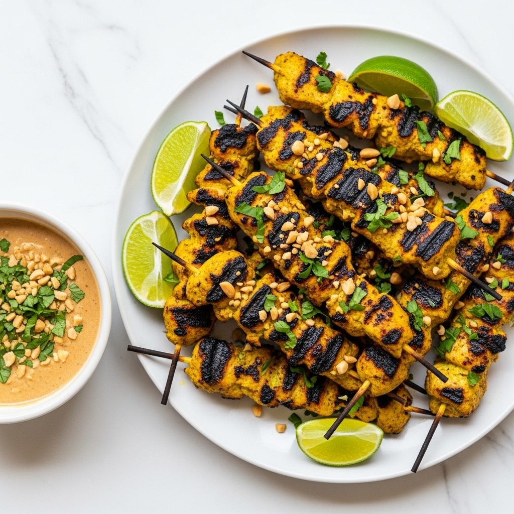 The image shows a white plate filled with grilled chicken skewers, with about three to four chunks of chicken on each skewer. The chicken is golden yellow with dark char marks, giving it a lightly burnt look. The skewers are topped with small pieces of chopped fresh green herbs and crushed peanuts scattered all over. Around the plate are bright green lime wedges for garnish. To the left, there is a white bowl filled with a creamy, light brown dipping sauce, also sprinkled with green herbs and chopped peanuts. The scene is set on a white marbled surface, enhancing the bright and fresh look of the dish. photo taken with an iphone --ar 4:5 --v 7