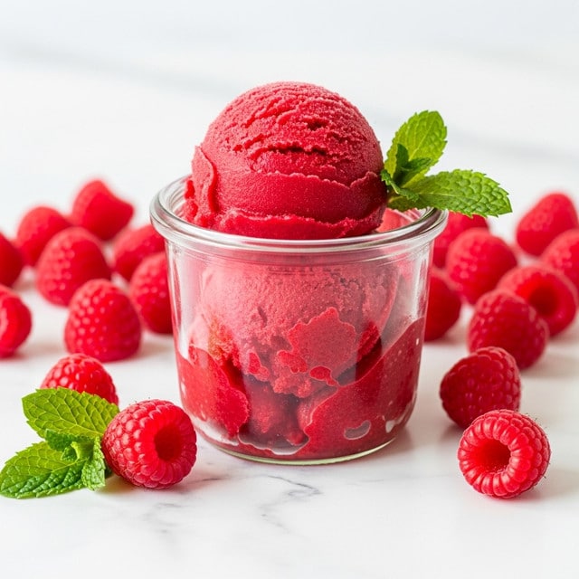 The image shows a small clear glass jar filled with bright red raspberry sorbet, with a slightly rough texture on top, scooped neatly above the jar's rim. A few green mint leaves sit on the right side of the sorbet as a garnish. Around the jar, there are fresh red raspberries scattered on a white marbled surface, with a couple of green mint leaves placed near the raspberries at the front left. The sorbet and raspberries have a vibrant, fresh look with contrasting red and green colors, set against a clean, bright background. photo taken with an iphone --ar 4:5 --v 7