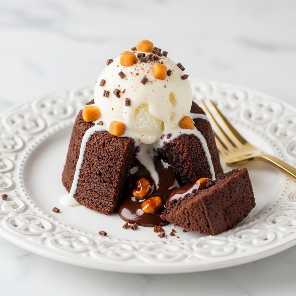 A white ornate plate holds a chocolate lava cake with a broken piece at the front, revealing a gooey dark chocolate and caramel filling with small nut pieces inside. On top of the round cake is a scoop of white vanilla ice cream, melting slightly and dripping down the sides. The ice cream is sprinkled with small caramel-colored chunks and tiny chocolate shavings. A gold fork rests on the right edge of the plate, all set against a white marbled textured background. photo taken with an iphone --ar 4:5 --v 7