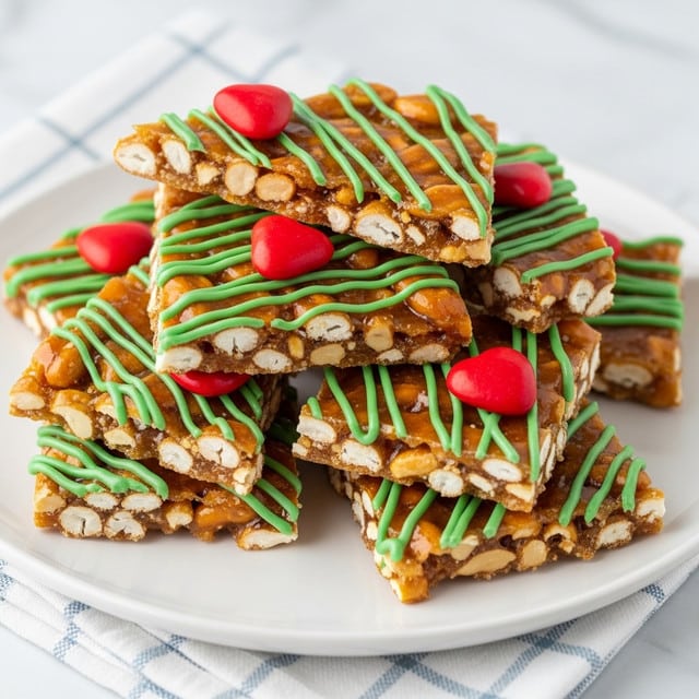 A stack of shiny, broken pieces of light brown brittle with visible peanuts and pretzels embedded inside, sitting on a white plate. Each piece is decorated with thin, green icing drizzled in irregular lines, and bright red, heart-shaped candies placed on top. The brittle pieces vary in size and shape, layered loosely on each other, with a glossy texture that catches the light. The plate rests on a white marbled surface with a soft blue and white checkered cloth partially visible beneath. Photo taken with an iphone --ar 4:5 --v 7