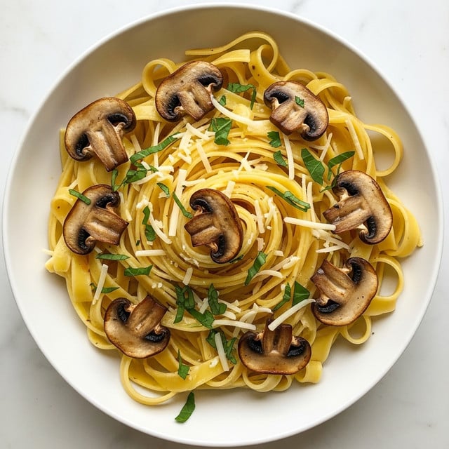 A bowl of wide, yellow pasta ribbons is twirled into a loose pile as the main layer, with slices of browned mushrooms scattered evenly throughout the pasta. The mushrooms have a glossy, cooked texture with dark edges and lighter centers. Sprinkled on top are thin white shreds of cheese and small green pieces of fresh herbs, adding contrast to the yellow and brown tones. The dish sits in a white bowl placed on a white marbled surface. photo taken with an iphone --ar 4:5 --v 7