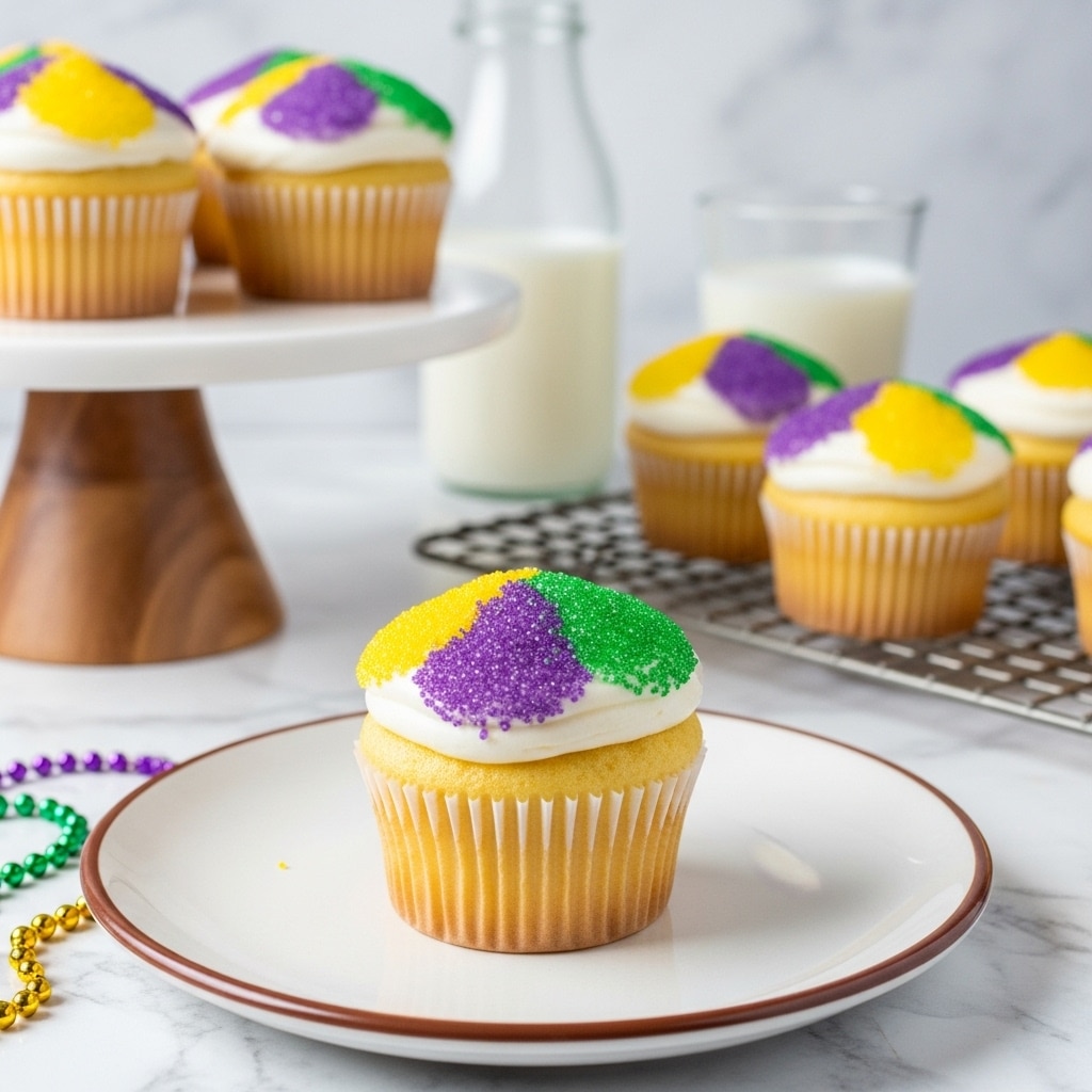 A close-up view of a yellow cupcake with white frosting topped with three sections of colored sugar in yellow, purple, and green, placed on a white plate with a brown edge, set on a white marbled surface. In the background, several similar cupcakes with the same colored sugar topping and plain white frosting are visible, placed on a white cake stand with a wooden base and a cooling rack. A blurred glass bottle and glass of milk sit behind the cupcakes, all on a white marbled texture. photo taken with an iphone --ar 4:5 --v 7