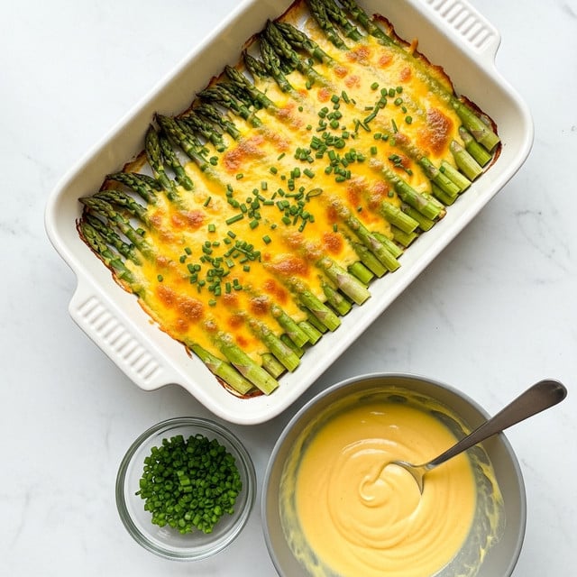 The image shows a white rectangular baking dish filled with green asparagus stalks lined up side by side in one layer, topped with melted golden yellow cheese sauce that has browned spots where it baked, giving a slightly bubbly texture. Small green chopped chives are scattered evenly over the cheese sauce, adding a fresh touch. Below the baking dish, there is a small clear glass bowl with chopped chives and a grey bowl filled with more smooth yellow cheese sauce with a silver spoon resting inside. All objects are placed on a white marbled surface. Photo taken with an iphone --ar 4:5 --v 7