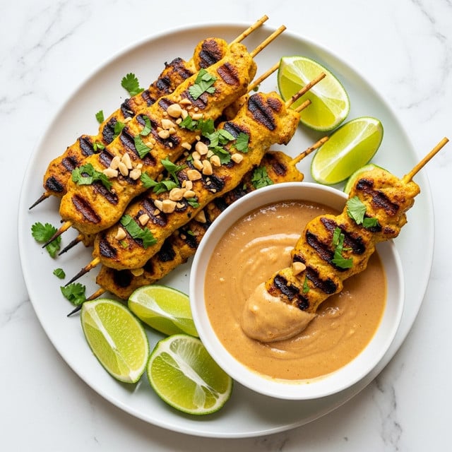 The image shows several grilled chicken skewers with a golden-brown color and small grill marks stacked on a white plate, garnished with chopped green herbs and crushed nuts. One skewer is dipped into a light brown creamy peanut sauce inside a white bowl placed on the same plate. Around the bowl and skewers are bright green lime wedges adding a fresh touch. The plate is set on a white marbled surface. photo taken with an iphone --ar 4:5 --v 7
