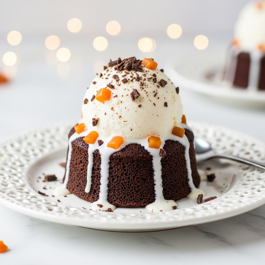 A small round chocolate cake sits on a white lace-edged plate, topped with a generous scoop of white vanilla ice cream that is melting slightly, creating thin white streams running down the sides of the cake. The ice cream is sprinkled with dark chocolate shavings and small orange caramel pieces, adding texture and color contrast. The plate is on a white marbled surface, and in the background, there is a soft bokeh of small warm lights and a blurred second plate holding another dessert. photo taken with an iphone --ar 4:5 --v 7