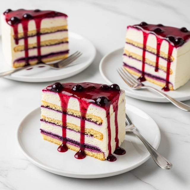 The image shows three slices of cake on white plates placed on a white marbled surface. Each cake slice has four layers of light brown biscuit separated by three thick creamy white layers combined with a thin, dark purple berry sauce stripe running through the middle. Each slice is topped with a dollop of glossy dark purple berry sauce dripped slightly down the sides. Two of the plates have a silver fork resting beside the cake slices, positioned on the right side. The scene is brightly lit, highlighting the textures of the creamy and crunchy cake layers. photo taken with an iphone --ar 4:5 --v 7