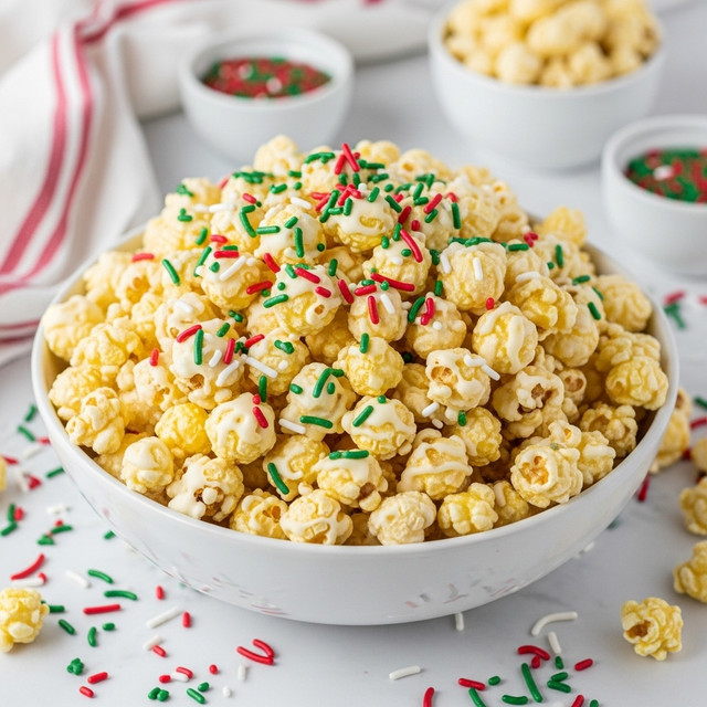 A large white bowl filled with a single layer of bright yellow and white popcorn, each piece coated with a glossy white glaze. On top, scattered red and green thin sprinkles add a festive touch, both on the popcorn and lightly spread around the bowl on a white marbled surface. In the background, small white bowls hold more popcorn and sprinkles, blurred softly. A cloth with red, green, and white stripes lies at the corner. The scene is bright and cheerful, suggesting a holiday theme. photo taken with an iphone --ar 4:5 --v 7