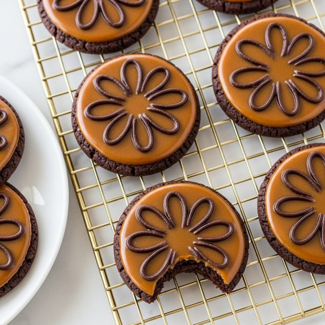 The image shows several round chocolate cookies with a shiny caramel-brown icing on top, each featuring a detailed dark brown floral pattern with eight petals radiating from the center. The cookies have a textured, slightly rough chocolate base visible around the edges underneath the smooth icing. They are arranged on a golden cooling rack placed over a white marbled surface. One cookie has a bite taken out of it, revealing a dense, moist chocolate interior. Part of a white plate with a few cookies is visible on the left side. photo taken with an iphone --ar 4:5 --v 7