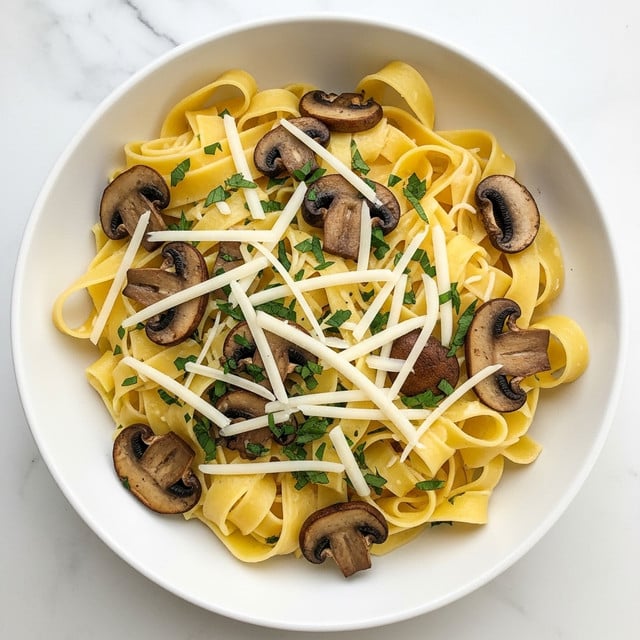 A white bowl filled with wide yellow pasta ribbons layered loosely, mixed with slices of cooked brown mushrooms scattered among the noodles. On top, thin white shreds of cheese are spread evenly, with small green herb bits sprinkled throughout creating a fresh contrast. The dish sits on a white marbled surface, showing a simple yet rich texture with a warm color scheme. photo taken with an iphone --ar 4:5 --v 7