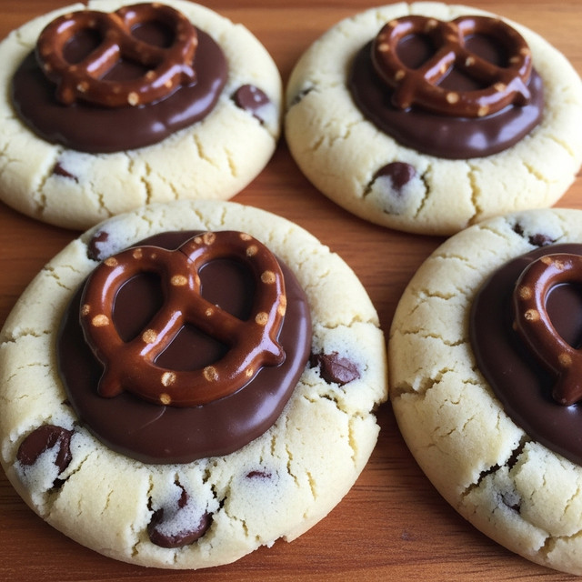 The image shows four soft, round cookies with a light golden-brown color and visible pieces of dark chocolate chips inside. Each cookie has a smooth, glossy chocolate-covered pretzel placed right in the middle, adding a shiny dark brown layer on top. The cookies rest on a wooden surface with a simple texture. The overall look shows the contrast between the pale cookie base and the rich, darker pretzel on top. photo taken with an iphone --ar 4:5 --v 7