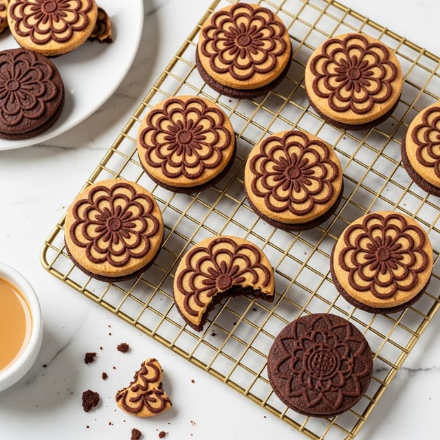 The image shows a set of round cookies on a gold cooling rack placed on a white marbled surface. Each cookie has two layers: a dark brown bottom layer that looks soft and chocolatey, and a smooth, light brown top layer with an intricate floral pattern in darker brown, resembling a flower with eight petals. The cookies are evenly spaced on the rack, and one cookie on the rack is missing a bite, showing the soft texture inside. A few cookie crumbs are scattered on the white marbled background. In the top left corner, some cookies are placed on a white plate, and on the bottom left, a small white bowl filled with a light brown liquid is partially visible. photo taken with an iphone --ar 4:5 --v 7