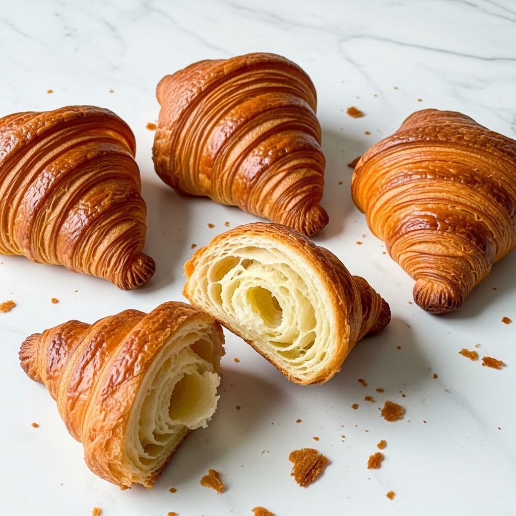 Five croissants with a golden-brown, crispy, and flaky outer layer are placed on a white marbled surface. One croissant is broken open at the center revealing a soft, fluffy, light inner texture. The layers of baked dough are clearly visible, showing the croissants' multiple thin, curved folds. Some small pastry crumbs are scattered around the croissants, adding detail to the scene. photo taken with an iphone --ar 4:5 --v 7
