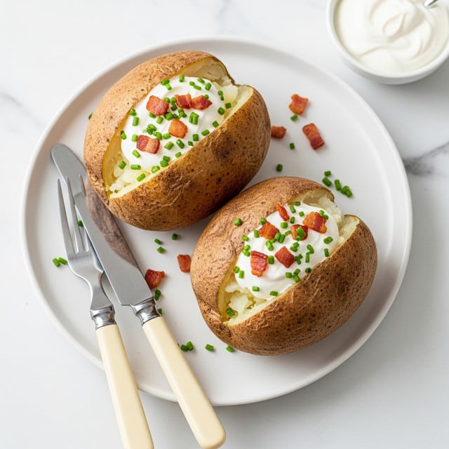 Two baked potatoes sit on a white plate placed on a white marbled surface. Each potato is split open with a rough, brown, textured skin. Inside, the soft white potato flesh is topped with a dollop of creamy white sour cream, sprinkled with small pieces of crispy golden-brown bacon and finely chopped bright green chives, some scattered on the plate as well. A butter knife and fork with cream handles rest beside the plate, and a small white bowl of sour cream is near the upper right corner. Photo taken with an iphone --ar 4:5 --v 7