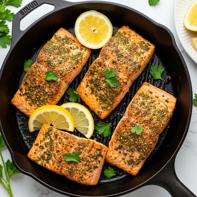 The image shows four salmon steaks cooked with a browned and slightly crispy surface, covered with green herbs and spices. The orange-pink fish pieces are arranged closely inside a black cast-iron skillet. On top of the salmon, there are three bright yellow lemon wedges and small fresh green parsley leaves scattered around, adding a fresh look. The skillet sits on a white marbled surface with some green herb sprigs placed nearby and part of a white plate with additional lemon wedges visible in the corner. photo taken with an iphone --ar 4:5 --v 7