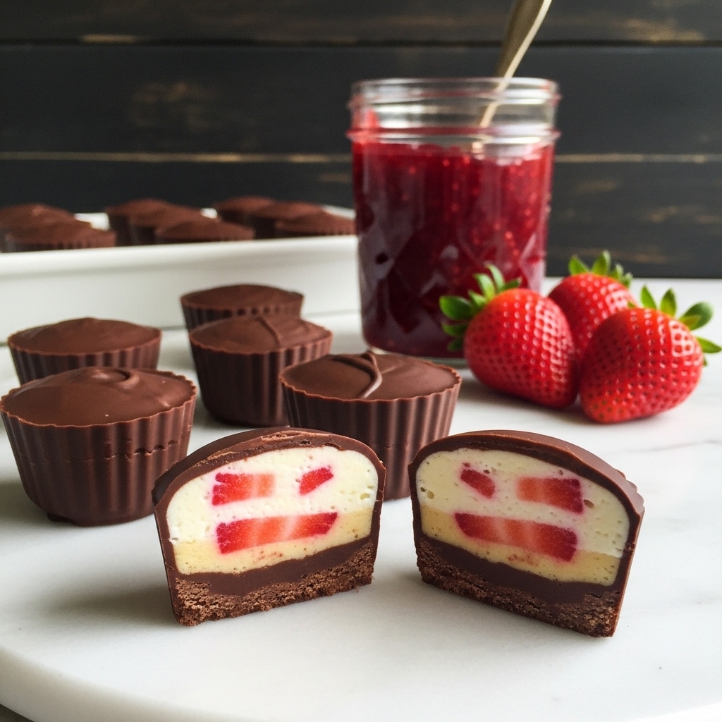 The image shows several small chocolate cups arranged on a white marbled surface. Each cup has a smooth, dark brown outer layer of chocolate. Two of the cups are cut in half at the front, revealing three inside layers: a thin dark chocolate base, a thick creamy white center mixed with bright red strawberry pieces, and a thin chocolate coating on the outside. Behind the chocolate cups, there is a jar filled with dark red strawberry preserve and a few fresh strawberries with green tops placed next to the jar. In the background, there is a white tray holding more chocolate cups, set against a dark wooden backdrop. Photo taken with an iphone --ar 4:5 --v 7