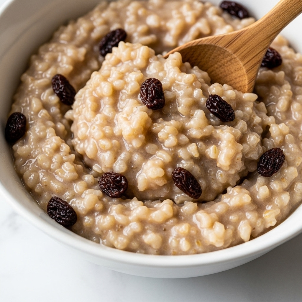 A close-up of a creamy porridge with visible small rice or grain pieces mixed into a thick, beige base. Scattered throughout are dark raisins that contrast with the lighter creamy color. A wooden spoon is stirring the porridge, its texture looking soft and slightly lumpy. The porridge is in a white bowl placed on a subtle white marbled surface. photo taken with an iphone --ar 4:5 --v 7
