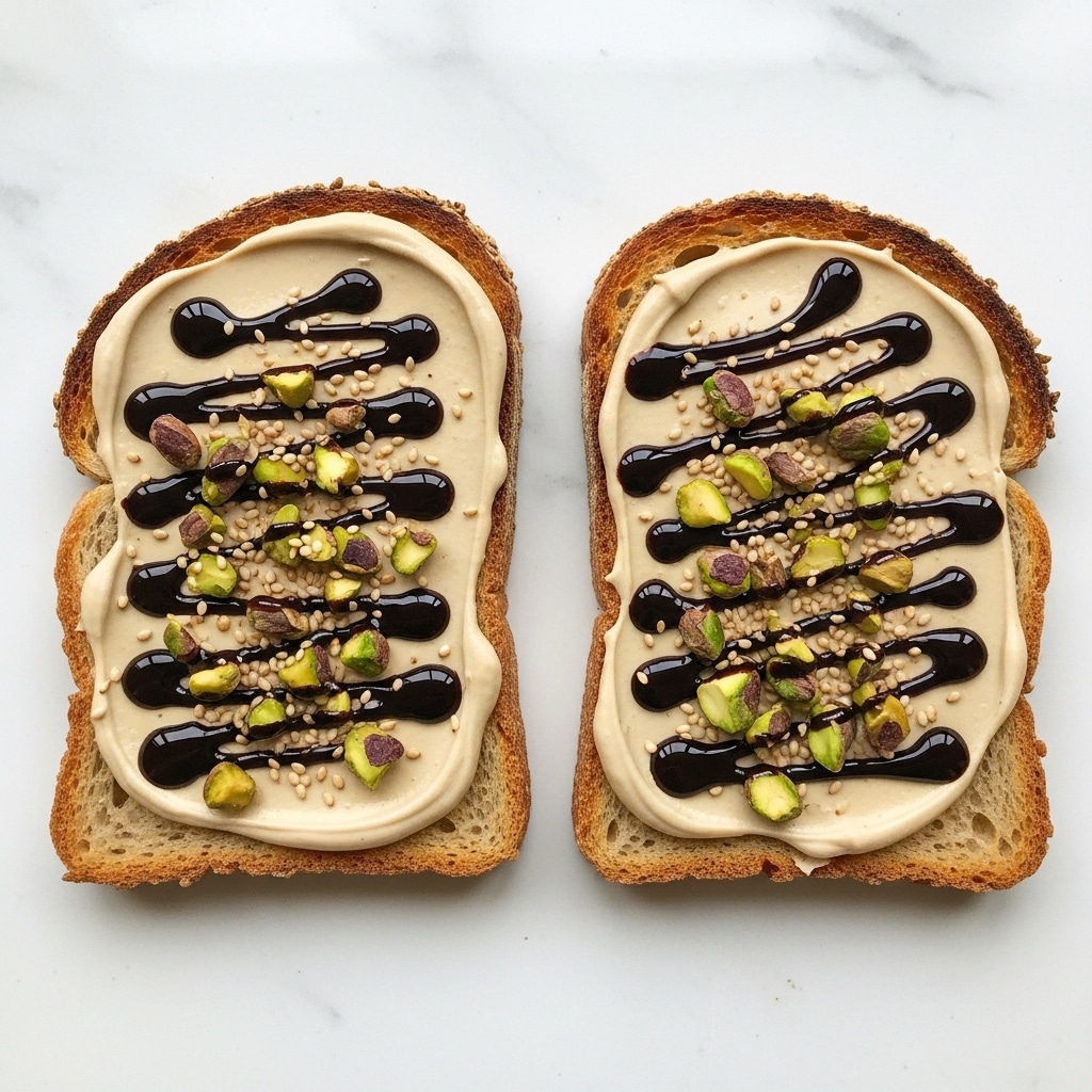Two slices of toasted bread lie flat on a white marbled surface. Each slice is spread with a smooth, light brown creamy layer topped by a drizzle of dark chocolate or balsamic glaze in an irregular pattern. Scattered on top are small chunks of green pistachios and a few white sesame seeds, adding texture and color contrast. The toasts turn golden brown at the edges with a slightly rough crust. Photo taken with an iphone --ar 4:5 --v 7