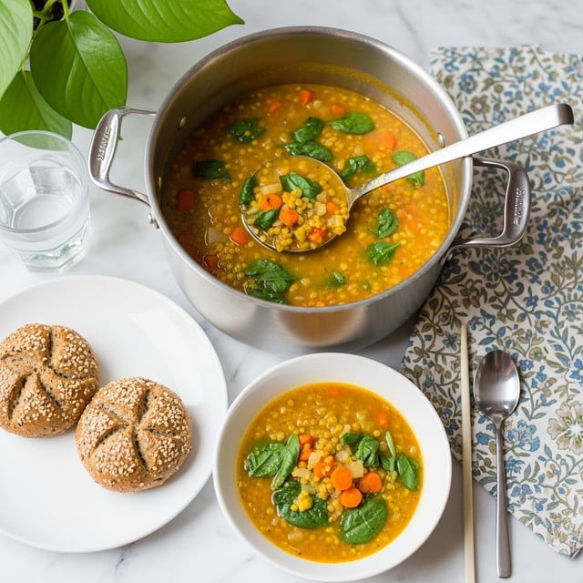 The image shows three views of a thick lentil soup cooked in a large silver pot and served in a white bowl. The soup has a vibrant yellow-orange base dotted with small chunks of orange carrots, bits of white onion, and bright green spinach leaves scattered throughout, creating a colorful and textured appearance. In the pot, a silver ladle is scooping up some soup that looks thick and hearty. The bowl of soup sits on a white marbled surface next to a white plate with two brown seeded bread rolls with a rough texture. Next to the bowl, a light-colored chopstick rests on the edge, and a clear water glass and a floral patterned cloth add to the setting. The leafy green plant in the background adds fresh color to the scene. photo taken with an iphone --ar 4:5 --v 7
