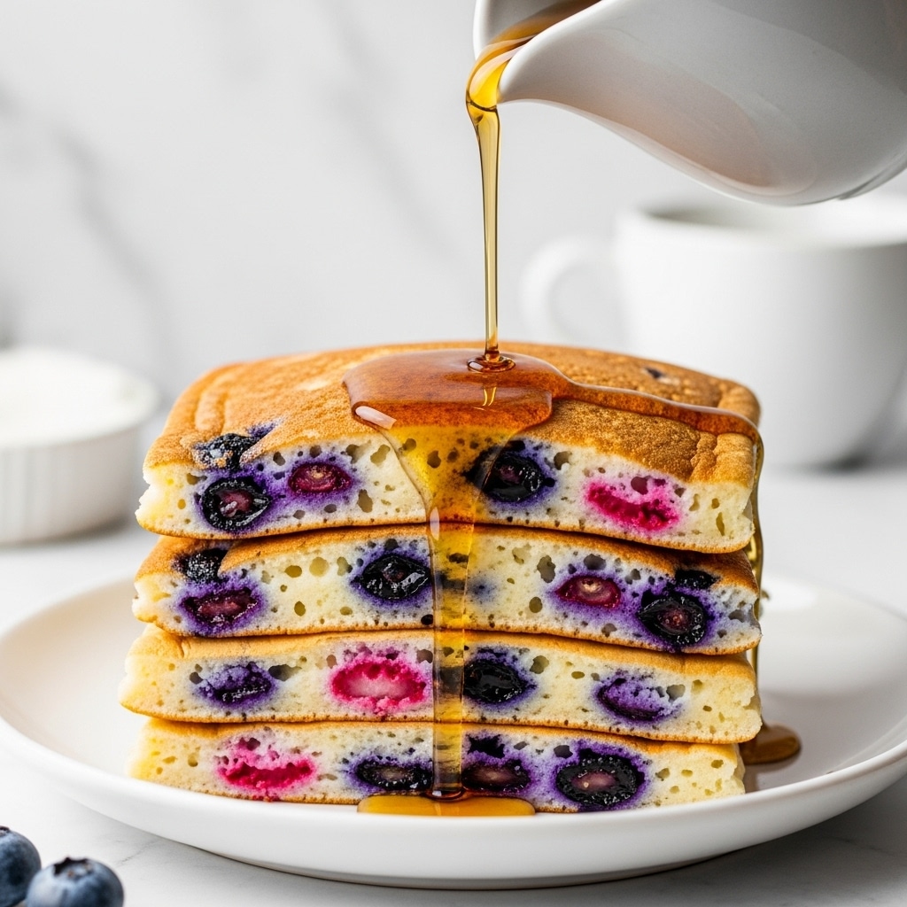 A stack of four square pancakes with a light golden color, dotted with bright blueberries and pink berries inside and on the edges, sits on a white plate. The pancakes have a soft, slightly airy texture with small holes visible. Golden syrup is being poured from a light gray jug, flowing down the sides and pooling slightly at the bottom of the stack. The background is a white marbled surface with a blurred white cup visible in the back. Photo taken with an iphone --ar 4:5 --v 7