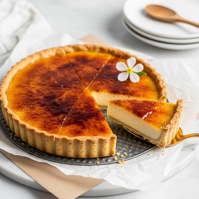 A round tart with a slightly browned golden crust holds a creamy, light beige custard filling topped with a shiny, caramelized, deep amber surface. The tart is cut into slices, with one slice partly lifted on a gold spoon, showing the smooth texture and thickness of the custard layer above the crust. The tart sits on a textured metal pie plate placed on white parchment and a light brown paper, all on a white marbled surface. A small white flower rests on the edge of the tart, adding a fresh touch. In the background, there are stacked white plates and a wooden spoon. photo taken with an iphone --ar 4:5 --v 7