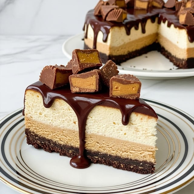 A thick slice of cheesecake with three visible layers sits on a white plate with black and gold stripes near the edge. The bottom layer is a dark brown crumbly crust, the middle layer is a creamy, light beige cheesecake filling with a smooth texture, and the top is covered in shiny dark chocolate sauce that drips down the sides. On top of the chocolate sauce, several pieces of chopped peanut butter cups with a smooth chocolate coating and creamy tan filling are piled. In the background, the rest of the cheesecake can be seen on a white plate on a white marbled surface. Photo taken with an iphone --ar 4:5 --v 7