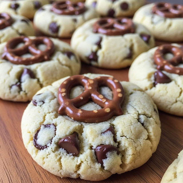 The image shows several round cookies with a soft, light golden-brown texture mixed with dark chocolate chips. Each cookie has a milk chocolate coated pretzel placed right in the center on top. The cookies are arranged on a wooden board with some blurred cookies in the background, revealing a warm and inviting setting. The cookies look slightly thick, with small bumpy textures from the chocolate chips and pretzel. The photo focuses closely on the front cookies, making the details of the chocolate and dough clear. Photo taken with an iphone --ar 4:5 --v 7