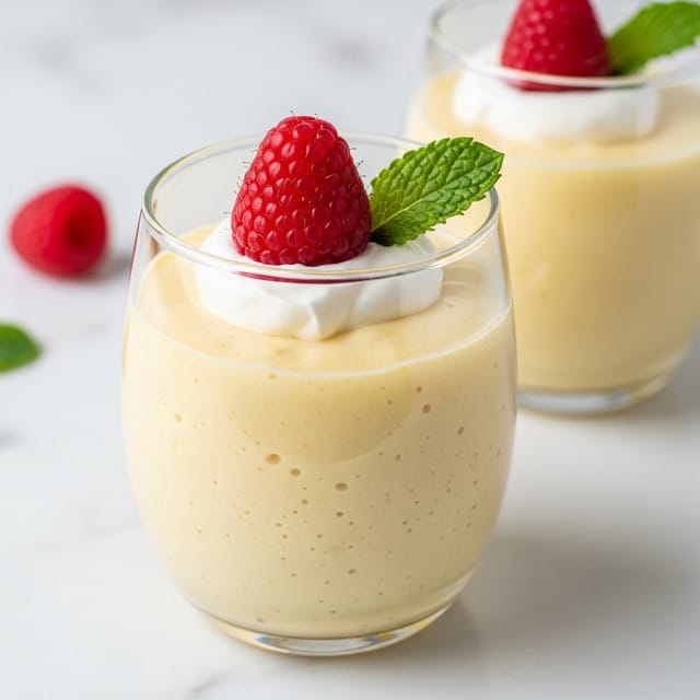 A clear glass filled almost to the top with smooth, pale yellow pudding is shown in the image. The pudding's texture looks creamy with a few small air bubbles visible inside. On top of the pudding, there is a small dollop of white whipped cream. Resting on the whipped cream is a bright red raspberry with a textured surface, and right next to it is a small, fresh green mint leaf with visible veins. In the background, there is a second identical glass, slightly out of focus, also filled with the same pudding and topped with whipped cream and a raspberry. The glasses are placed on a clean white marbled surface. photo taken with an iphone --ar 4:5 --v 7