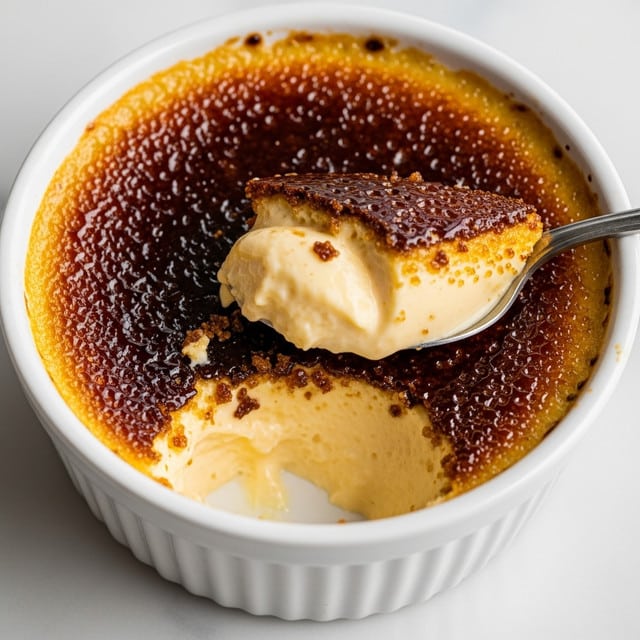 A close-up of a white ramekin filled with crème brûlée showing two layers: a dark brown, caramelized, crispy sugar top layer cracked open to reveal a thick creamy pale yellow custard layer underneath. A spoon is scooping a portion of the custard along with a piece of the caramelized sugar crust, showing the contrast between the smooth custard and the crunchy top. The dish is set against a white marbled surface. photo taken with an iphone --ar 4:5 --v 7