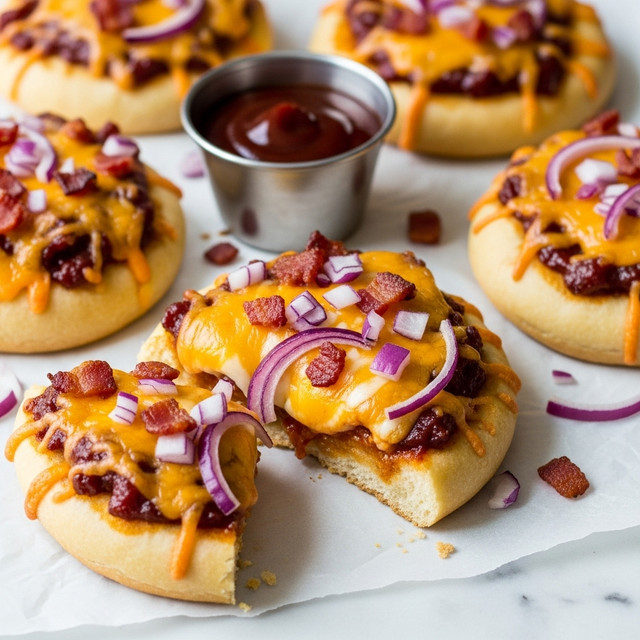 The image shows several mini pizzas on a white marbled surface with a piece of parchment paper. Each pizza has a golden-brown crust as the base layer, topped with shredded cheddar and mozzarella cheese melted and slightly browned on top. Pieces of crispy bacon and finely chopped red onions are spread over the cheese, adding red and purple colors. A small metal container with dark red barbecue sauce sits near the pizzas. One mini pizza in the foreground has a slice cut out, revealing the thick crust and toppings. Small bits of bacon and onion are scattered around. photo taken with an iphone --ar 4:5 --v 7