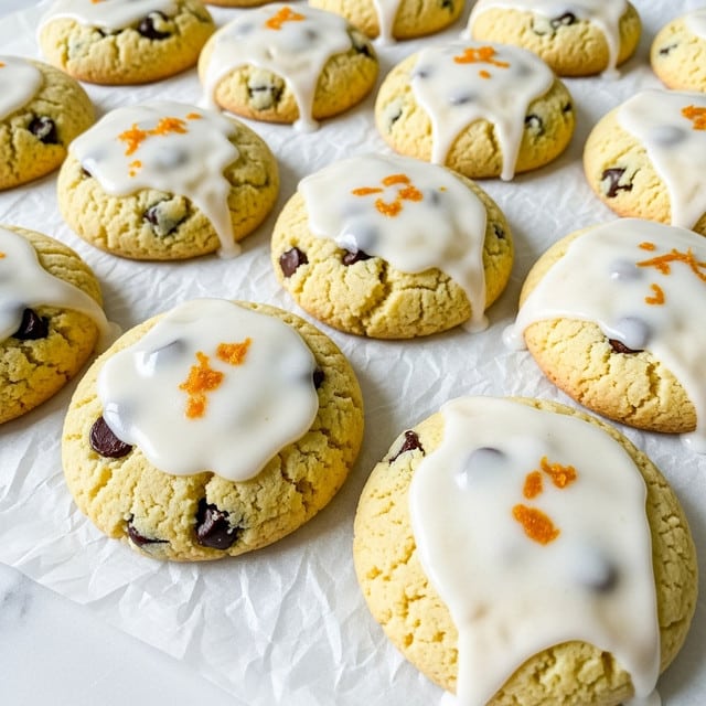 A group of round cookies arranged closely on crinkled white parchment paper placed on a white marbled surface, each cookie is light golden yellow, thick, with small dark chocolate chips spread throughout, topped with a shiny white glaze that looks smooth and slightly dripping over the edges, some cookies have tiny bits of orange zest lightly scattered on top of the glaze, the texture of the cookies is soft and fluffy with a slightly cracked surface underneath the glaze, and the overall scene is bright and well-lit. photo taken with an iphone --ar 4:5 --v 7