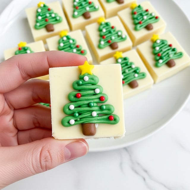 A square piece of white chocolate is held by a woman's hand, showing a Christmas tree decoration on top made with green frosting in a zigzag pattern. The tree is topped with a small yellow star made of icing, and decorated with tiny round sprinkles in white, red, and green colors scattered along the tree. In the background, several similarly decorated white chocolate squares are arranged on a white plate. The scene is set on a white marbled surface. photo taken with an iphone --ar 4:5 --v 7