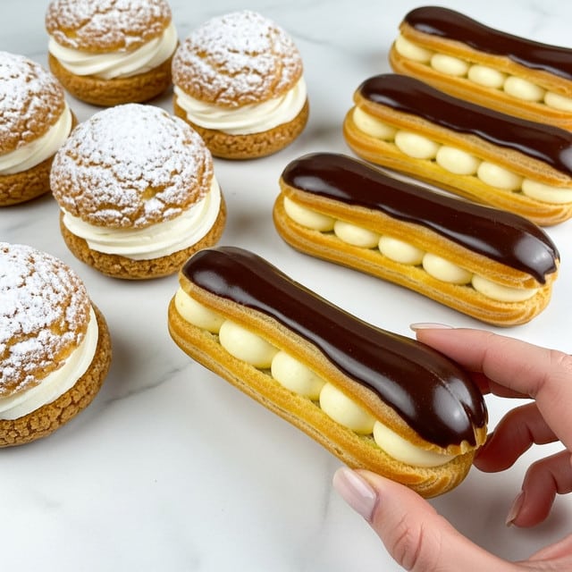 The image shows several cream-filled pastries on a white marbled surface. There are two kinds of pastries: round cream puffs dusted with white powdered sugar, each having two light golden layers with white cream in the middle, and long éclairs with glossy dark chocolate on top, a light golden choux pastry base, and a smooth pale yellow cream filling visible at the sides. A woman's hand with pale-colored nails is holding one éclair in the lower right part of the image. Photo taken with an iphone --ar 4:5 --v 7
