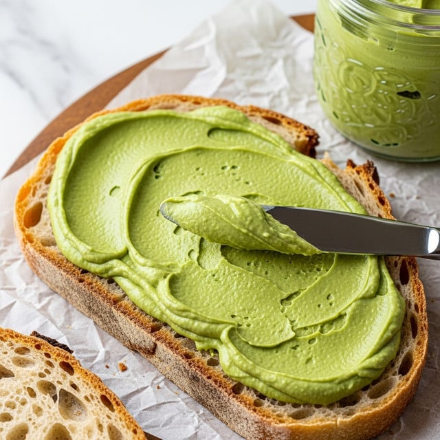 A close-up view of a slice of rustic bread with a golden crust, spread thickly with a bright green creamy paste that looks smooth and glossy; a silver knife is spreading the paste on the bread’s uneven surface, which has small holes and a soft texture inside. The bread rests on a piece of parchment paper placed on a wooden board, with part of a clear jar filled with the same green spread visible in the top right corner. The background is a white marbled texture. Photo taken with an iphone --ar 4:5 --v 7