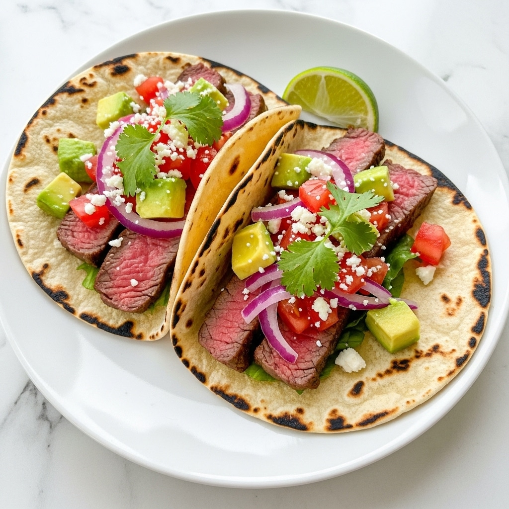 Two tacos sit on a white plate placed on a white marbled surface, each taco made with a slightly charred soft corn tortilla. Inside each tortilla, there is a layer of sliced grilled steak showing shades of medium-rare pink and brown, topped with bright red diced tomatoes, small cubes of green avocado, and chopped purple-red onions. Crumbled white cheese is sprinkled lightly across the top. Fresh cilantro leaves add a touch of green, and a quarter of a lime wedge rests on one taco, adding a bright yellow-green contrast. photo taken with an iphone --ar 4:5 --v 7