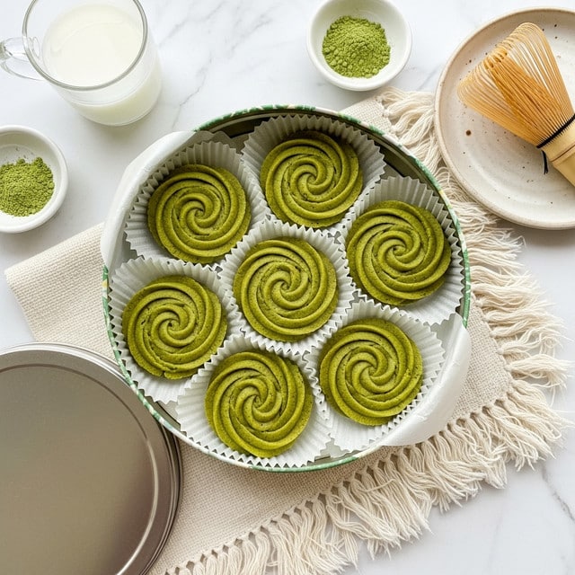 A round open tin holds six green swirled cookies, each placed in its own white paper cup with ridged edges. The cookies have a smooth, slightly textured surface, shaped like a rose with layered petals spiraling from the center. Around the tin, there is a glass cup with a white liquid, two small white bowls—one with green powder—and a beige ceramic plate with a bamboo whisk. A cream-colored fringed cloth lies under the tin on a white marbled surface, giving a clean and soft background. photo taken with an iphone --ar 4:5 --v 7