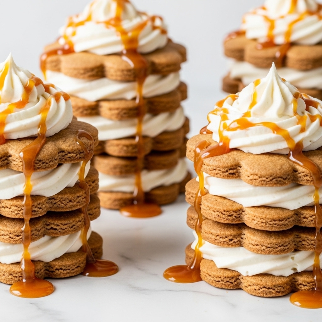 The image shows tall stacks of dessert made with multiple layers of light brown flower-shaped cookies and thick white cream piped between each layer, about three cream layers and four cookie layers per stack. Each stack is topped with a dollop of white cream that has a smooth yet swirled texture, drizzled with shiny caramel sauce that also drips down the sides onto the white marbled surface beneath. The cookies appear soft with a slightly crumbly texture while the cream looks smooth and fluffy. The golden caramel adds a glossy, rich gloss to the warm tones of the cookies and cream layers. photo taken with an iphone --ar 4:5 --v 7