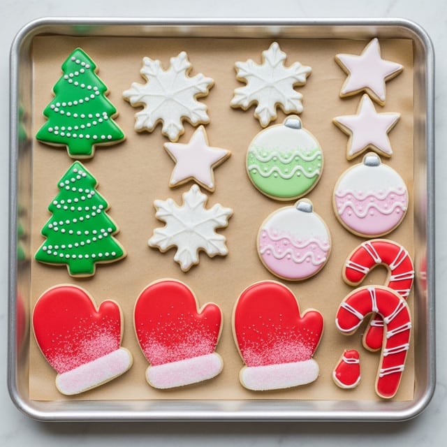 A silver baking tray lined with light brown parchment paper holds an assortment of decorated Christmas sugar cookies arranged neatly. There are green Christmas tree-shaped cookies with small white dot decorations, white snowflakes with sparkling sugar, simple white and pale pink stars, round ornaments decorated with white and light pink icing and a sprinkle of sugar, bright red mittens with white cuffs dusted with pink sugar, and red candy canes with white icing details. The cookies have a smooth, glossy icing finish and a neat, crisp shape. The tray is placed on a white marbled surface. photo taken with an iphone --ar 4:5 --v 7