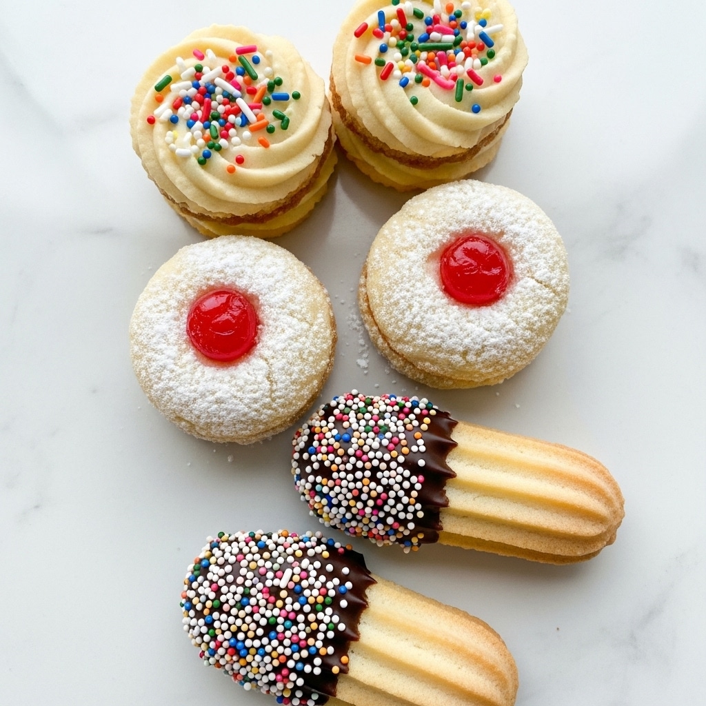 The image shows a collection of three types of cookies arranged on a white marbled surface, each type with distinct layers and colors. The first type has two round swirled light beige layers topped with colorful rainbow sprinkles and positioned at the top of the image. The second type consists of two round swirled light beige layers dusted with white powdered sugar, each topped with one bright red cherry in the center, arranged mainly in the middle. The third type features two elongated beige layers with ridges dipped halfway in dark chocolate and covered in rainbow sprinkles, placed toward the bottom. All cookies appear soft and delicate with a light, airy texture. Photo taken with an iphone --ar 4:5 --v 7