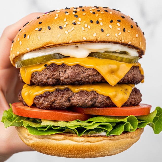 A close-up view of a large hamburger held by a woman's hand, showing a total of seven layers inside a sesame seed bun. The bottom layer is a bright green lettuce leaf, followed by two thin slices of red tomato resting above it. Above the tomato are two thick, juicy beef patties cooked to a rich brown, each topped with a smooth, melted orange cheddar cheese slice. Between and on top of the patties is creamy white mayonnaise. The top bun is golden brown, sprinkled with black sesame seeds, slightly toasted and fluffy. The background features a white marbled texture. photo taken with an iphone --ar 4:5 --v 7