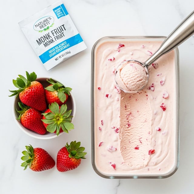 A clear rectangular container filled with creamy, light pink strawberry ice cream with small red strawberry pieces mixed inside, and a silver ice cream scoop holding a rounded scoop of the ice cream resting on top. To the left, a white bowl contains three bright red strawberries with green leaves, and two loose strawberries with green leaves are placed nearby on a white marbled surface. Above the strawberries, a white packet of Nature’s Besti Monk Fruit sugar replacement with blue and black text lies flat. The scene is bright and clean with a fresh, inviting look. Photo taken with an iphone --ar 4:5 --v 7