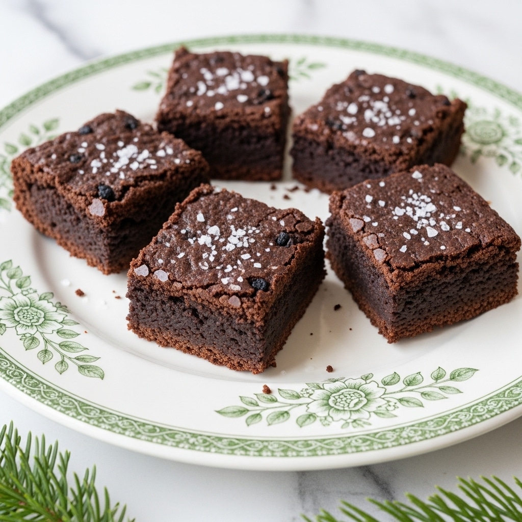 Five square dark brownies with a rough, textured top layer sprinkled with coarse sea salt sit on a white plate decorated with green floral patterns around the edges. The brownies have a slightly cracked surface showing a dense and moist interior, and some small dark specks are visible on top. The plate rests on a white marbled surface with some green pine needles at the bottom edge of the image. Photo taken with an iphone --ar 4:5 --v 7