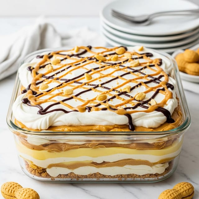A glass rectangular dish shows a layered dessert with six visible layers. From bottom to top, the first layer is light brown crushed cookie pieces, followed by a creamy white layer, then a thick golden peanut butter spread, next a pale yellow custard layer, then a thick fluffy white cream layer, and finally a top layer of white whipped cream covered with drizzles of golden peanut butter and dark chocolate syrup in diagonal lines. There are small crunchy cookie bits sprinkled over the top. The dish sits on a white marbled surface with a stack of white plates and silver forks in the background and some peanut-shaped cookies on the side. Photo taken with an iphone --ar 4:5 --v 7