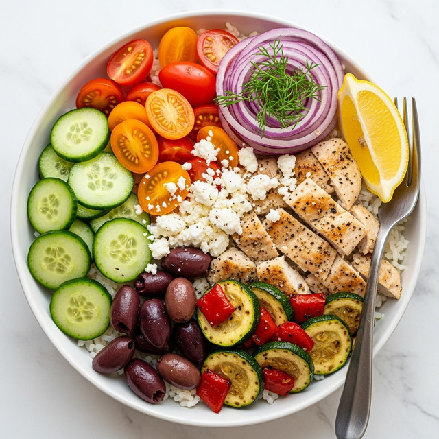 A white bowl filled with a layered dish starting with a base of fluffy white rice. On top, there are slices of grilled chicken pieces scattered throughout, lightly browned with specks of black pepper. To one side, thin cucumber slices are arranged in a small mound, bright green and fresh. Next to the cucumber, there are halved cherry tomatoes in vibrant orange-red hues. Nearby, sautéed zucchini slices with a yellow-green color and small red bell pepper pieces are mixed with the chicken. Kalamata olives, dark purple and glossy, sit on another side next to the chicken. A small pile of thinly sliced red onions forms a spiral shape, topped lightly with fresh green dill sprigs. A wedge of lemon adds a bright yellow touch to the edge, and crumbled white feta cheese is sprinkled evenly over the top. The whole bowl is placed on a white marbled surface with a fork resting on the side. Photo taken with an iphone --ar 4:5 --v 7