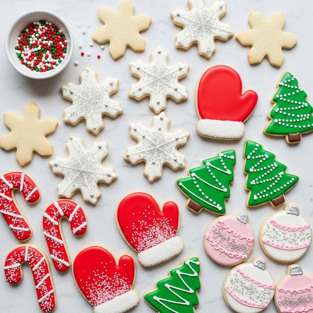 The image shows a variety of Christmas-themed sugar cookies spread out on a white marbled surface. There are star-shaped cookies in plain light golden color, snowflake-shaped cookies covered with smooth white icing and sprinkled with silver sugar crystals, green Christmas tree cookies decorated with white dot icing, bright red mitten-shaped cookies with white sugar on the cuffs, candy cane cookies iced in red with white sugar sprinkles, and round ornament cookies iced in soft pink and white, both decorated with silver sugar crystals. A small white dish filled with red, green, and white sprinkles sits at the top left. The cookies have smooth, glossy icing layers that enhance their holiday shapes. photo taken with an iphone --ar 4:5 --v 7