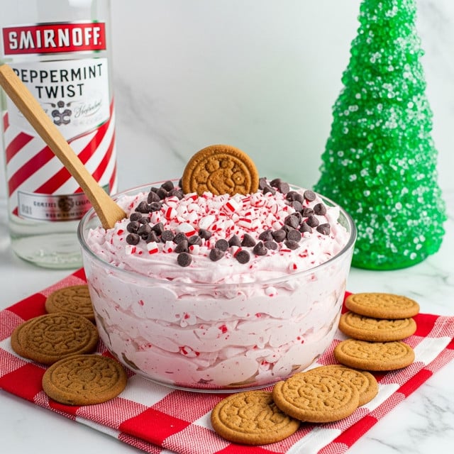 A clear glass bowl sits center on a red and white checkered cloth atop a white marbled surface, filled with three layers of fluffy, light pink whipped dip mixed with tiny peppermint bits. The top layer is decorated with chopped red and white peppermint candies and scattered dark chocolate chips, with a single brown cookie standing upright at the back edge of the bowl. Surrounding the bowl on the cloth are multiple round brown cookies placed flat and overlapping around its base. To the right, a bright green Christmas tree-shaped decoration covered in clear beads resembling snow stands tall, while on the left, a red and white striped Smirnoff Peppermint Twist bottle partially appears. A wooden spoon is dipped into the bowl from the left side. Photo taken with an iphone --ar 4:5 --v 7