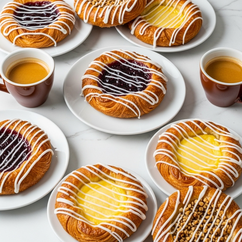 The image shows several pastries arranged on white plates and a white marbled surface, each pastry having a golden-brown flaky base with a round, slightly raised shape. The top layers vary: some pastries have a glossy berry jam filling in the center, colored deep purple or red, others have a creamy cheese filling with a smooth, pale yellow texture. All pastries are drizzled with a white icing glaze creating thin, irregular stripes across the top, and a few are sprinkled with chopped nuts adding a crunchy texture. Two brown and white coffee cups filled with espresso sit beside the pastries, completing the cozy breakfast scene. photo taken with an iphone --ar 4:5 --v 7