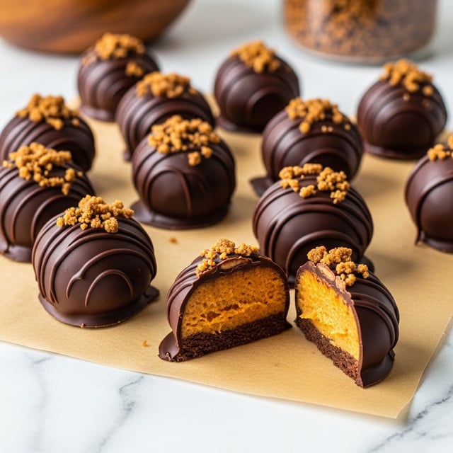 A group of round chocolate-covered treats arranged on light brown parchment paper over a white marbled surface. Each piece is coated in dark glossy chocolate with small rough textured crumbles sprinkled on top. One piece is cut in half, showing an orange creamy filling inside. The chocolate coating has smooth swirls and slight uneven edges around each treat. The background includes a wooden bowl and a glass container with brown crumbles, slightly out of focus. photo taken with an iphone --ar 4:5 --v 7