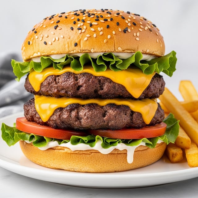 The image shows a close-up of a thick double cheeseburger on a white plate with some fries on the side. The burger has five visible layers: a golden-brown sesame seed bun on top with black seeds, a layer of fresh green lettuce just beneath the top bun, then a slice of melted sharp orange cheddar cheese sitting over a dark, juicy grilled beef patty. Below that is a second slice of cheddar cheese resting on another beef patty. Under the patties, there are two red tomato slices on top of fresh green lettuce, all sitting on the bottom bun that matches the top one in color and texture. A white creamy sauce can be seen dripping slightly from the top and bottom buns, and the burger is placed on a white marbled surface. photo taken with an iphone --ar 4:5 --v 7